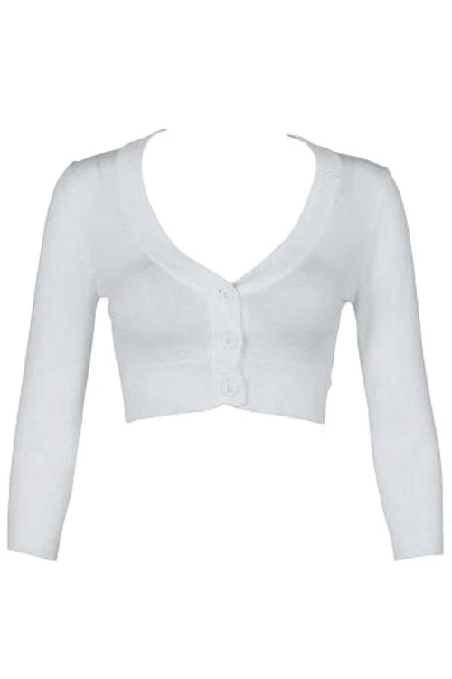 MAK Sweaters Cropped Cardigan With 3/4 Sleeves In White 2 MAK Sweaters Cropped Cardigan With 3/4 Sleeves In White