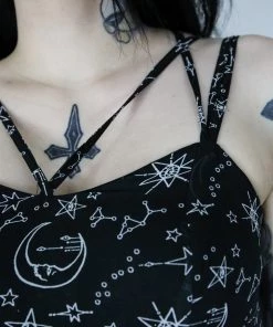 Timeless London Moon & Stars Print Crossover Neck Chiffon Dress Clothing