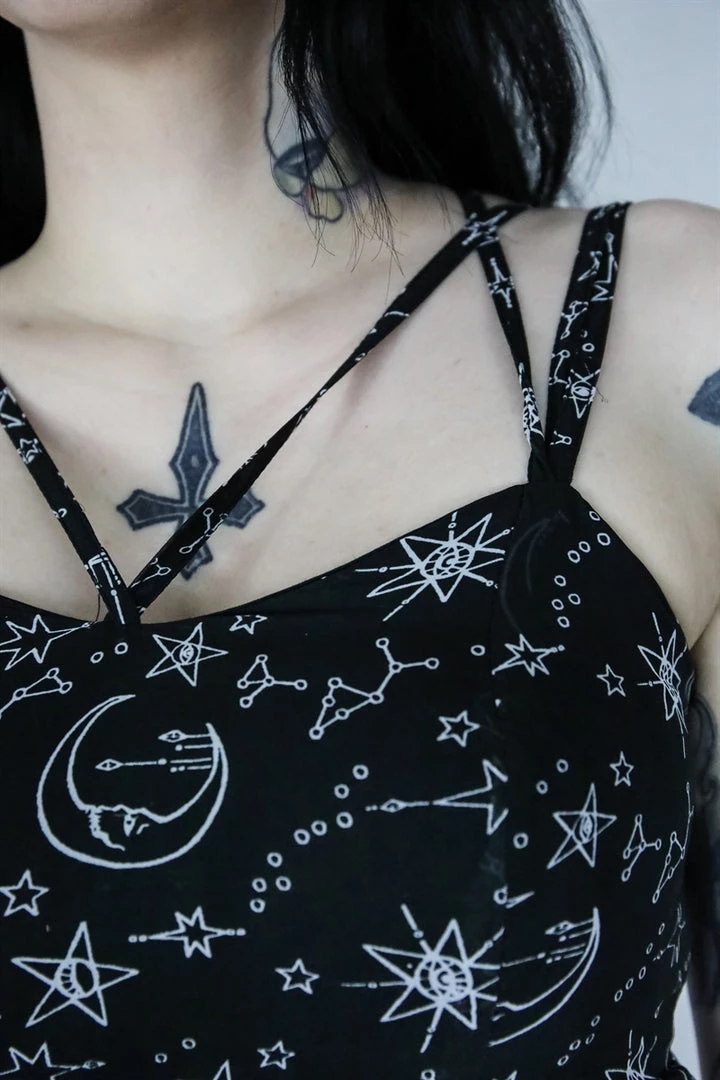 Timeless London Moon & Stars Print Crossover Neck Chiffon Dress Clothing 2 Timeless London Moon & Stars Print Crossover Neck Chiffon Dress Clothing