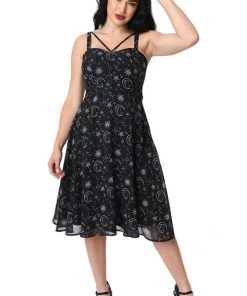 Timeless London Moon & Stars Print Crossover Neck Chiffon Dress Clothing