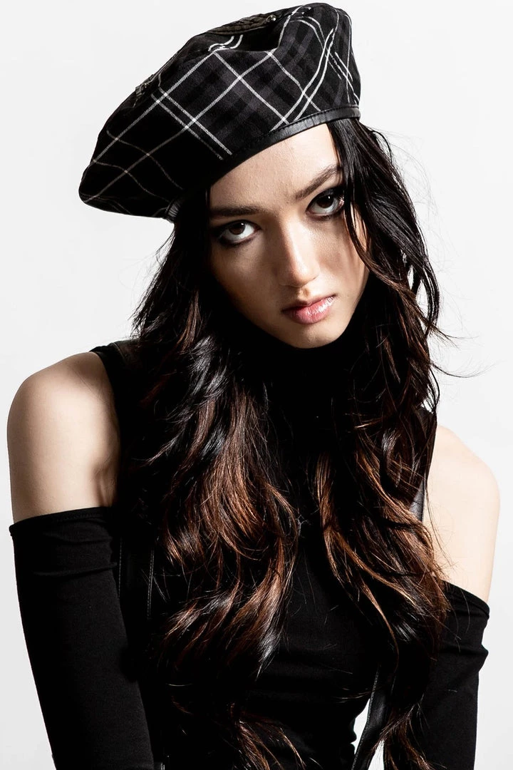 Killstar Dark Fate Beret In Ash Tartan 3 Killstar Dark Fate Beret In Ash Tartan