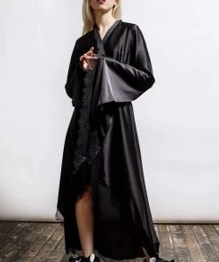 Killstar Deadly Daze Black Satin Robe With Lace Trims Sexy Femme Fatale