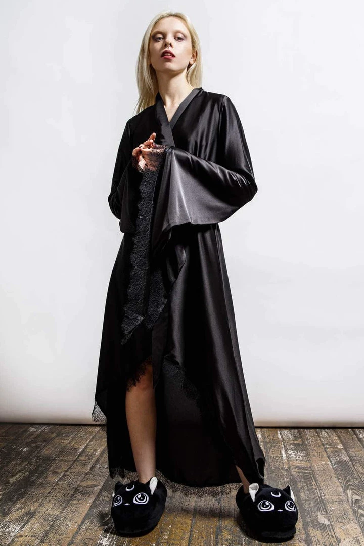 Killstar Deadly Daze Black Satin Robe With Lace Trims Sexy Femme Fatale 2 Killstar Deadly Daze Black Satin Robe With Lace Trims Sexy Femme Fatale