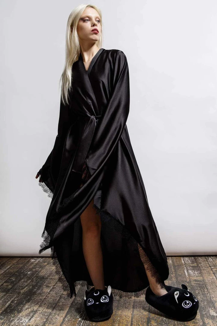 Killstar Deadly Daze Black Satin Robe With Lace Trims Sexy Femme Fatale 3 Killstar Deadly Daze Black Satin Robe With Lace Trims Sexy Femme Fatale