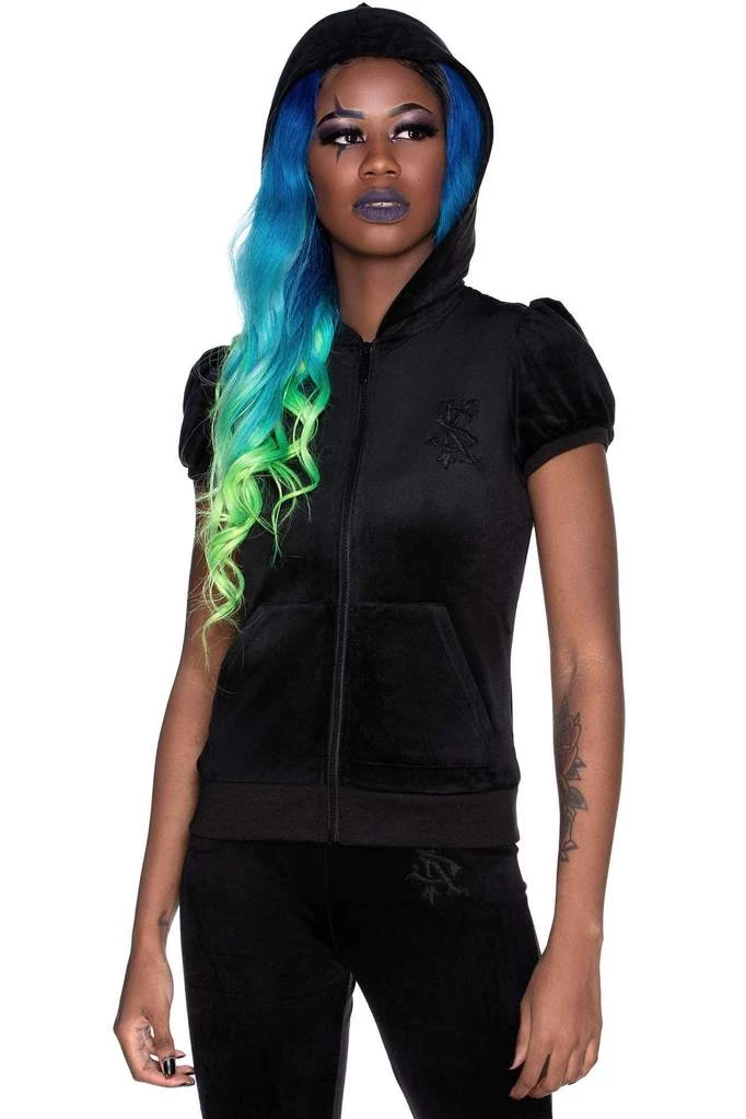 Winter Killstar Dee-Lux Velvet Zip Front Short Sleeve Hoodie In Black 2 Winter Killstar Dee-Lux Velvet Zip Front Short Sleeve Hoodie In Black