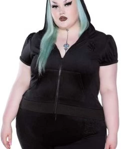 Winter Killstar Dee-Lux Velvet Zip Front Short Sleeve Hoodie In Black 9 Winter Killstar Dee-Lux Velvet Zip Front Short Sleeve Hoodie In Black