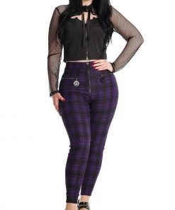 New Arrivals And Restocks Banned Damien Stretch Skinny Trousers In Purple Tartan