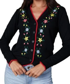 Timeless London Floral Embroidered Cardigan In Black With Red Trim