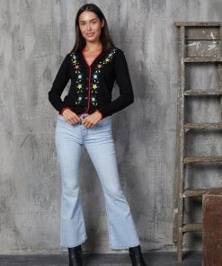 Timeless London Floral Embroidered Cardigan In Black With Red Trim