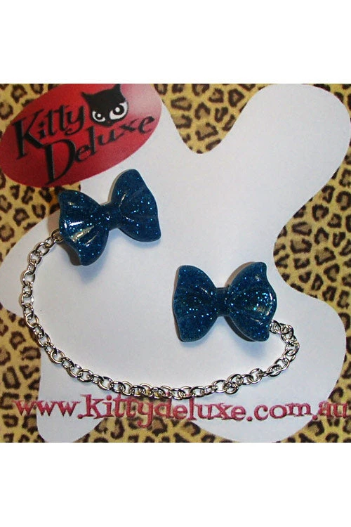 Accessories Kitty Deluxe Cardigan Clips In Blue Glitter Bow Design 1 Accessories Kitty Deluxe Cardigan Clips In Blue Glitter Bow Design