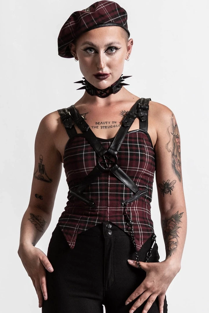 Killstar Jaded Strap Top In Blood Tartan 3 Killstar Jaded Strap Top In Blood Tartan
