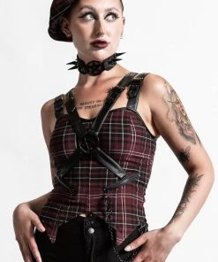 Killstar Jaded Strap Top In Blood Tartan