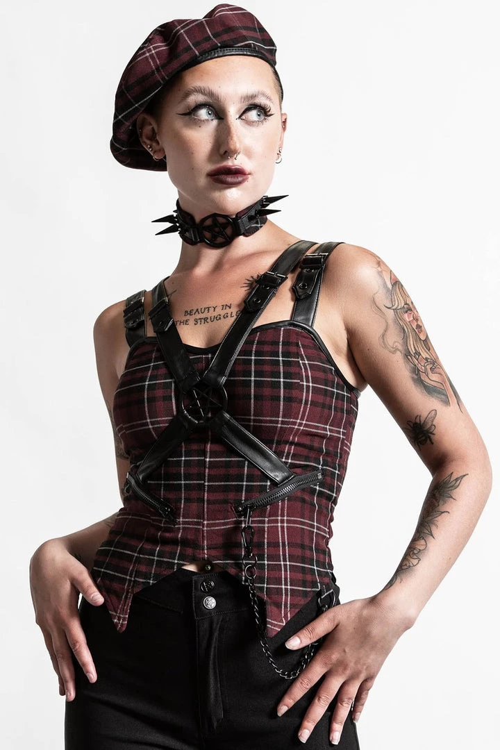 Killstar Jaded Strap Top In Blood Tartan 1 Killstar Jaded Strap Top In Blood Tartan