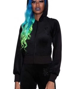 Killstar Just Crew-Sin Velvet Zip Front Long Sleeved Hoodie In Black 8 Killstar Just Crew-Sin Velvet Zip Front Long Sleeved Hoodie In Black
