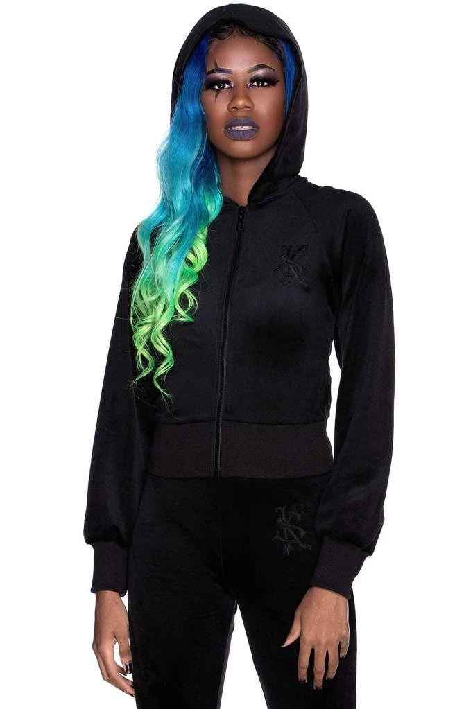 Killstar Just Crew-Sin Velvet Zip Front Long Sleeved Hoodie In Black 3 Killstar Just Crew-Sin Velvet Zip Front Long Sleeved Hoodie In Black