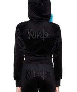 Killstar Just Crew-Sin Velvet Zip Front Long Sleeved Hoodie In Black 9 Killstar Just Crew-Sin Velvet Zip Front Long Sleeved Hoodie In Black