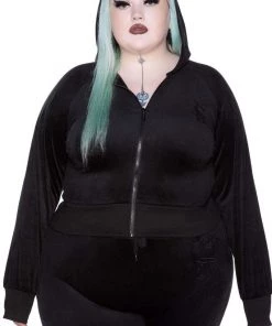 Killstar Just Crew-Sin Velvet Zip Front Long Sleeved Hoodie In Black 10 Killstar Just Crew-Sin Velvet Zip Front Long Sleeved Hoodie In Black