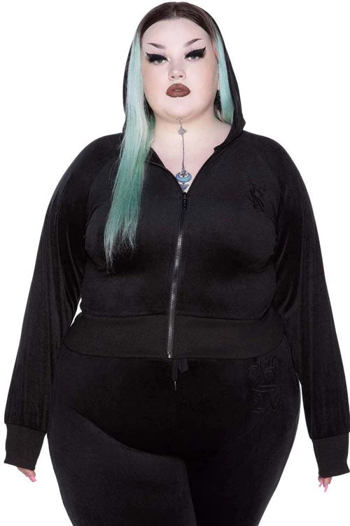 Killstar Just Crew-Sin Velvet Zip Front Long Sleeved Hoodie In Black 1 Killstar Just Crew-Sin Velvet Zip Front Long Sleeved Hoodie In Black
