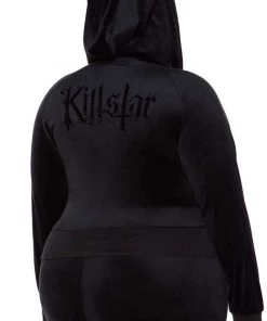 Killstar Just Crew-Sin Velvet Zip Front Long Sleeved Hoodie In Black