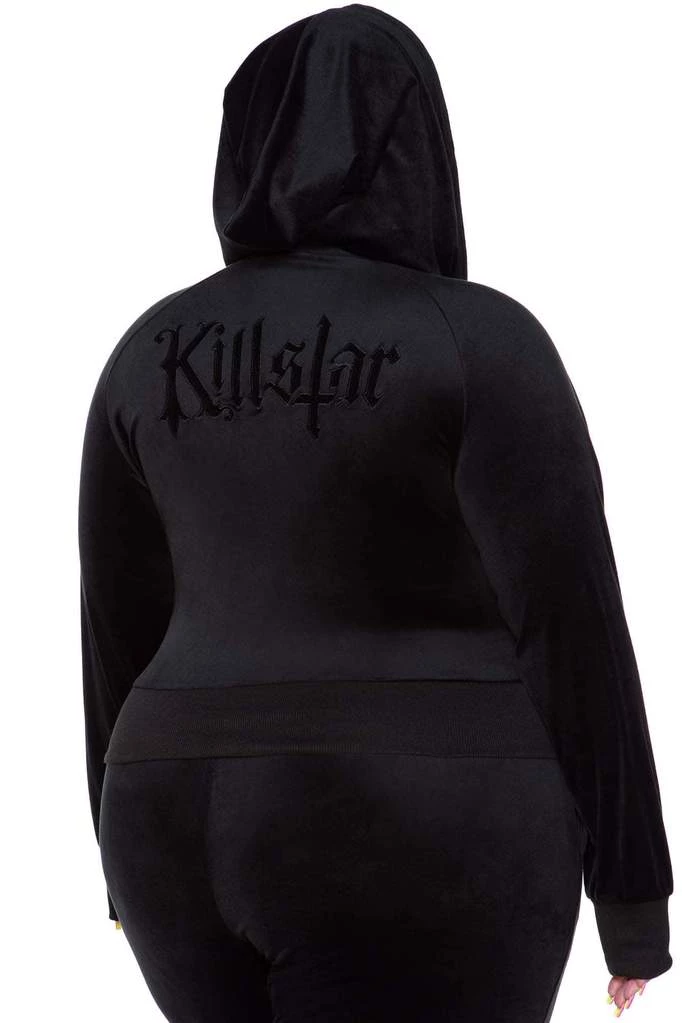 Killstar Just Crew-Sin Velvet Zip Front Long Sleeved Hoodie In Black 2 Killstar Just Crew-Sin Velvet Zip Front Long Sleeved Hoodie In Black
