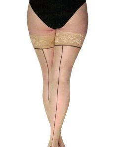 Pamela Mann Hosiery Pamela Mann Curvy Super-Stretch Jive Seamed Stay-up Stockings In Nude/Black With Nude Tops