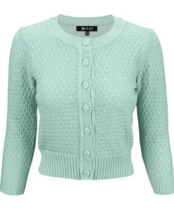 MAK Sweaters Chunky Vintage Knit Cardigan With 3/4 Sleeves In Aqua (Mint)