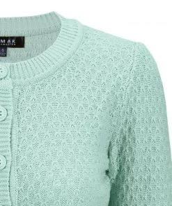 MAK Sweaters Chunky Vintage Knit Cardigan With 3/4 Sleeves In Aqua (Mint)