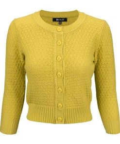 MAK Sweaters Chunky Vintage Knit Cardigan With 3/4 Sleeves In Honey