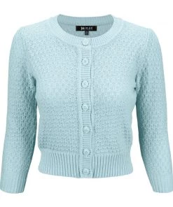 MAK Sweaters Chunky Vintage Knit Cardigan With 3/4 Sleeves In Light Blue