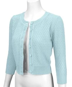 MAK Sweaters Chunky Vintage Knit Cardigan With 3/4 Sleeves In Light Blue 7 MAK Sweaters Chunky Vintage Knit Cardigan With 3/4 Sleeves In Light Blue