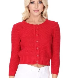 New Arrivals And Restocks MAK Sweaters Chunky Vintage Knit Cardigan With 3/4 Sleeves In Red