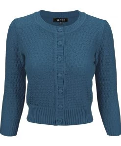 MAK Sweaters Chunky Vintage Knit Cardigan With 3/4 Sleeves In Teal 7 MAK Sweaters Chunky Vintage Knit Cardigan With 3/4 Sleeves In Teal