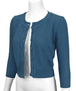 MAK Sweaters Chunky Vintage Knit Cardigan With 3/4 Sleeves In Teal 8 MAK Sweaters Chunky Vintage Knit Cardigan With 3/4 Sleeves In Teal