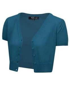 Winter MAK Sweaters Cropped Cardigan With Short Sleeves In Teal Blue