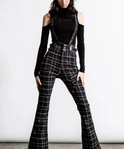 Killstar Prophet Of Doom Flared Suspender Trousers In Ash Tartan