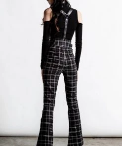Killstar Prophet Of Doom Flared Suspender Trousers In Ash Tartan