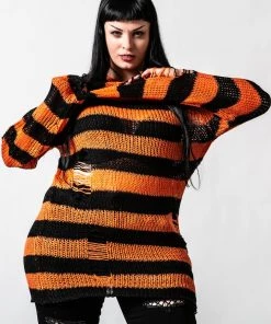 Killstar Pumpkin Punk Knit Sweater Black And Orange Winter