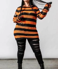 Killstar Pumpkin Punk Knit Sweater Black And Orange Winter