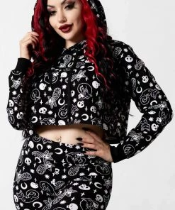 New Arrivals And Restocks Killstar Purr Off Cropped Hoodie In Black Cat Print!