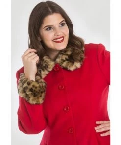 Hell Bunny Robinson Coat In Red And Leopard Trim
