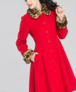 Hell Bunny Robinson Coat In Red And Leopard Trim