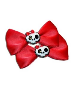 Kitty Deluxe Halloween Satin Skull Bow Pair In Red