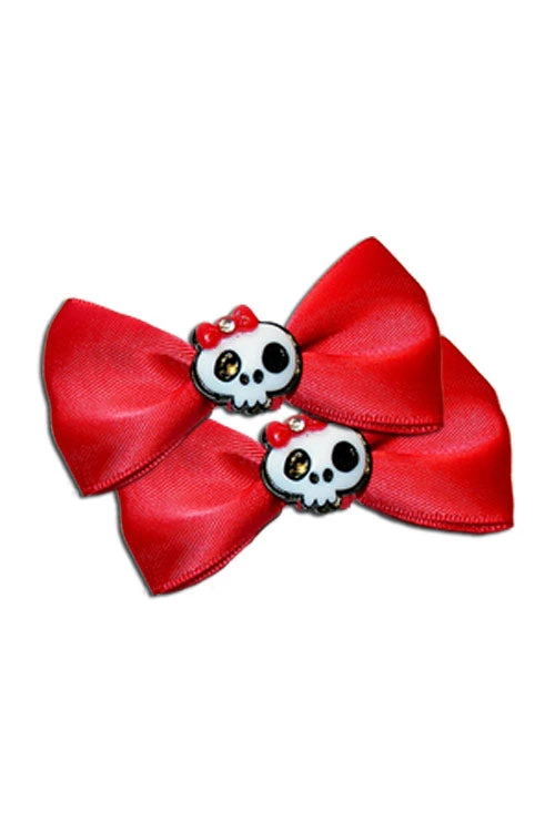 Kitty Deluxe Halloween Satin Skull Bow Pair In Red 1 Kitty Deluxe Halloween Satin Skull Bow Pair In Red