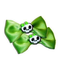Kitty Deluxe Satin Skull Bow Pair In Green