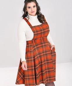 Hell Bunny Tawny Pinafore Dress Rich Brown Tartan