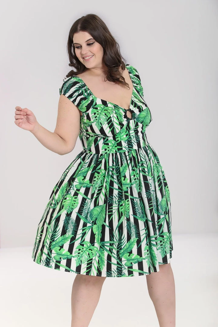 Hell Bunny Solana Mid Dress Striped And Tropical Leaves 2 Hell Bunny Solana Mid Dress Striped And Tropical Leaves