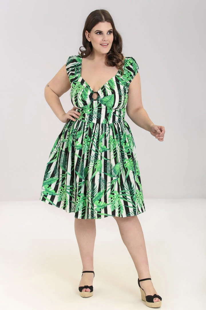 Hell Bunny Solana Mid Dress Striped And Tropical Leaves 3 Hell Bunny Solana Mid Dress Striped And Tropical Leaves