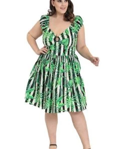 Hell Bunny Solana Mid Dress Striped And Tropical Leaves