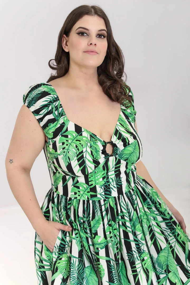 Hell Bunny Solana Mid Dress Striped And Tropical Leaves 4 Hell Bunny Solana Mid Dress Striped And Tropical Leaves