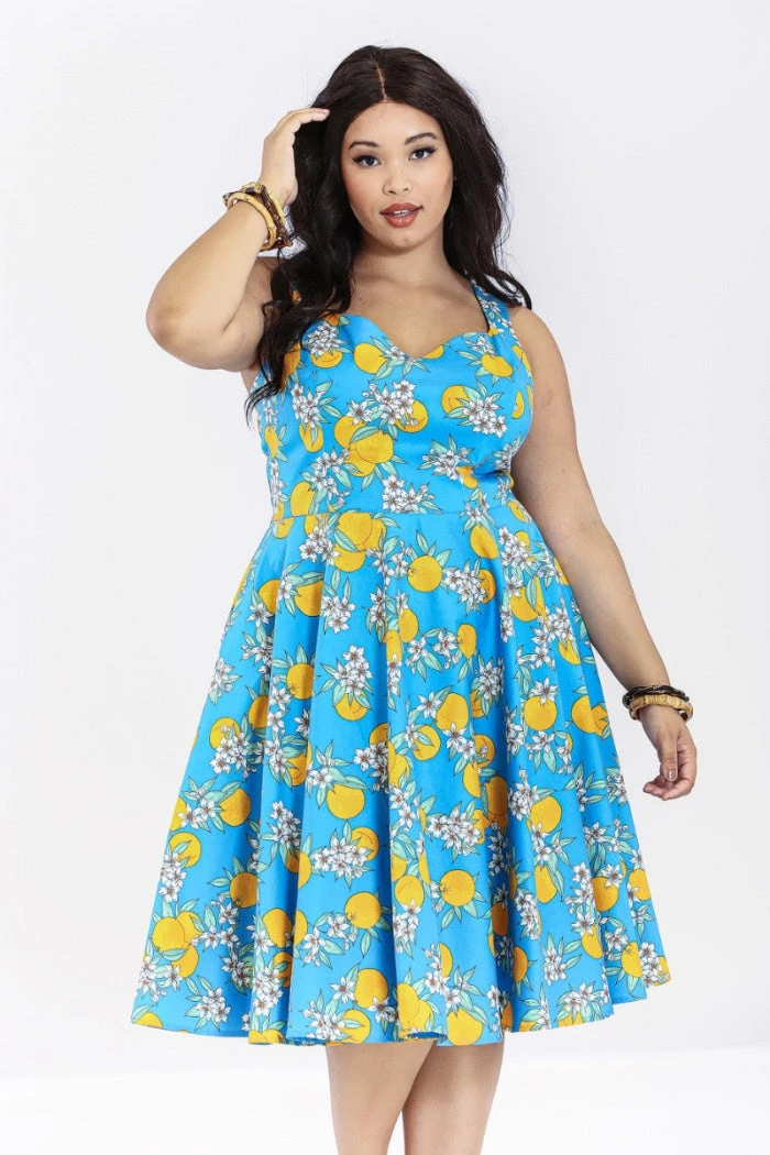 Hell Bunny Valencia 50's Dress Orange Print On Blue 2 Hell Bunny Valencia 50's Dress Orange Print On Blue